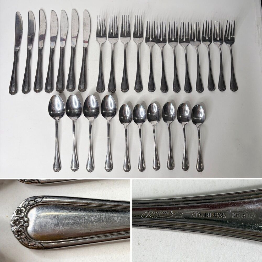 Vintage Rogers Stainless Korea Rose Trio 29 piece set Flatware Silverware